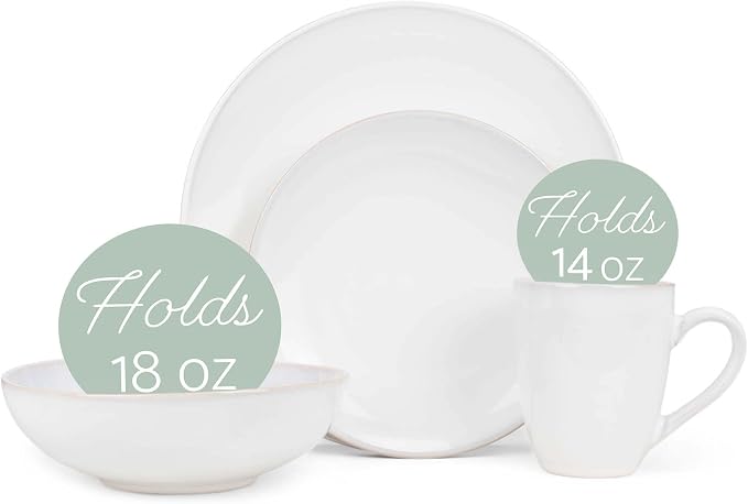 Elanze Designs Reactive Glaze Stone Ceramic Plates Bowls Mugs Classic Dinnerware 16 Piece Set - Service for 4, White