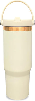 30 oz Tumbler with Handle and Straw, Vacuum Insulated Tumblers with Flip Straw and Top Handle, Leakproof Powder Coated Tumbler, Stainless Steel Travel Mug for Coffee Water (Cream, 1 Pack)