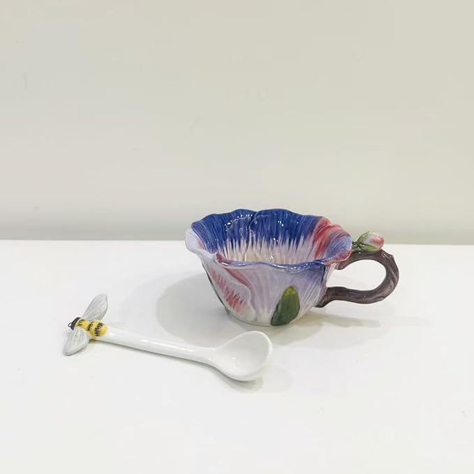 Ceramic Pansy Coffee Cup and Saucer Set with Spoon，6OZ 3D Hand-Painted Flower Tea Mug，Gift for Women (Pinkish Purple)