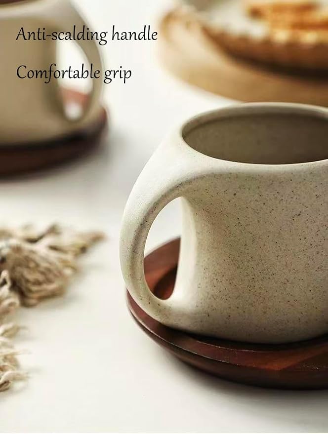 6 oz Clay Cup and Wood Saucer Set of 1, Ceramic Coffee Latte Art Mug With Saucer, Cafe Cups for Cappuccino, Espresso, Coffee, Tea, Porcelain Set for Baristas, Great Gift