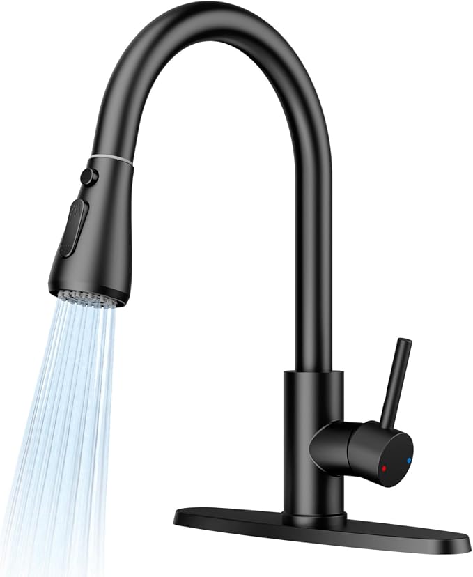 FEELSO Kitchen Faucets with Pull Down Sprayer, High Arc Single Handle Kitchen Sink Faucet, 1 or 3 Hole Brushed Nickel Water Faucets for Farmhouse Laundry Camper Rv Bar(Matte Black)