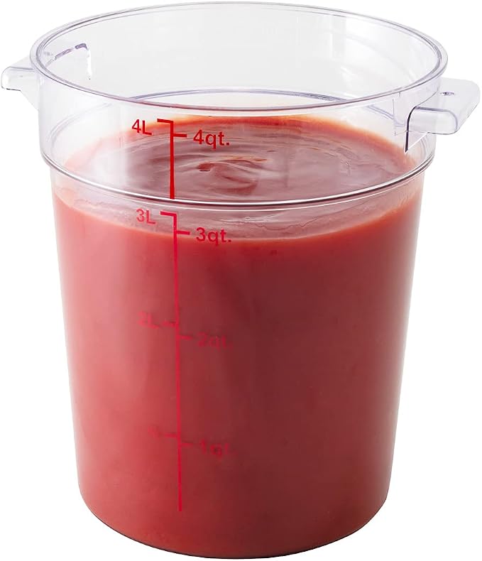 Restaurantware Met Lux 4 Quart Food Storage Containers 10 Round Commercial Storage Containers - Lids Sold Separately With Volume Markers Clear Plastic Food Prep Buckets Space-Saving Storage