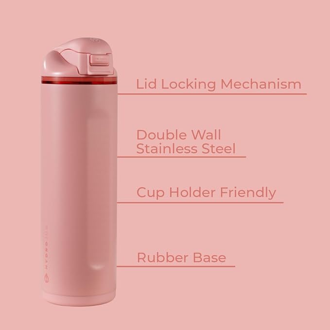 HydroJug Ease2o Water Bottle with Straw & Chug Lid, Stainless Steel, Vented Cap to Help Reduce Pressure, Water-Level Window, Cup Holder Friendly, Non-Slip Base – 24oz, Tulip