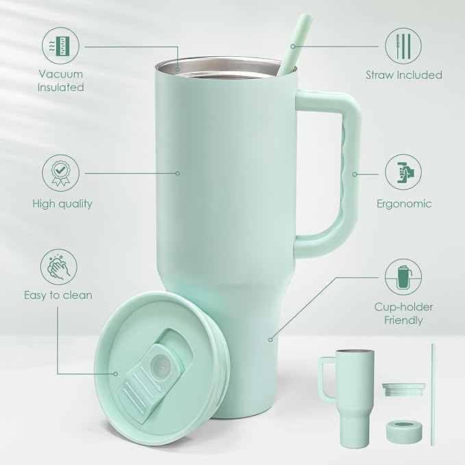 SANDJEST Mint 40oz Tumbler with Handle and Straw, Insulated Stainless Steel Travel Coffee Mug for Women Girls, Gift Idea for Birthday Christmas Mothers Day