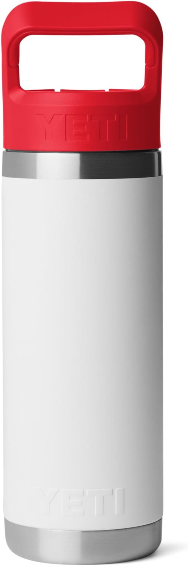 YETI Rambler 18 oz Bottle, Vacuum Insulated, Stainless Steel with Color Matching Straw Cap, White/Rescue Red/Badge