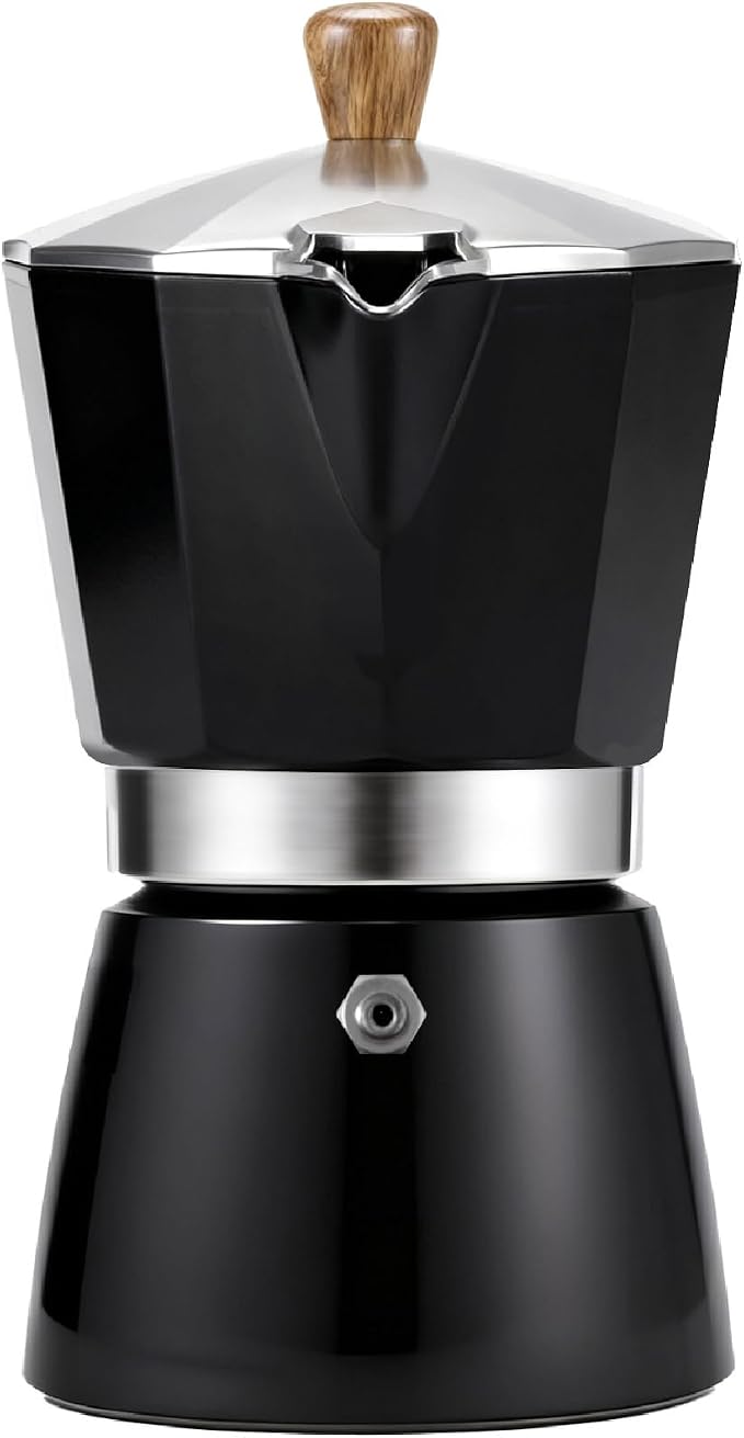 AGOGO Milano Moka Pot Stovetop Espresso Maker with 100 Paper Filters for Sediment-Free Coffee, Classic Italian Greca with Wood-Grain Handle,Cleaning Brush & Towel 6 Cup (10oz / 300ml) Black