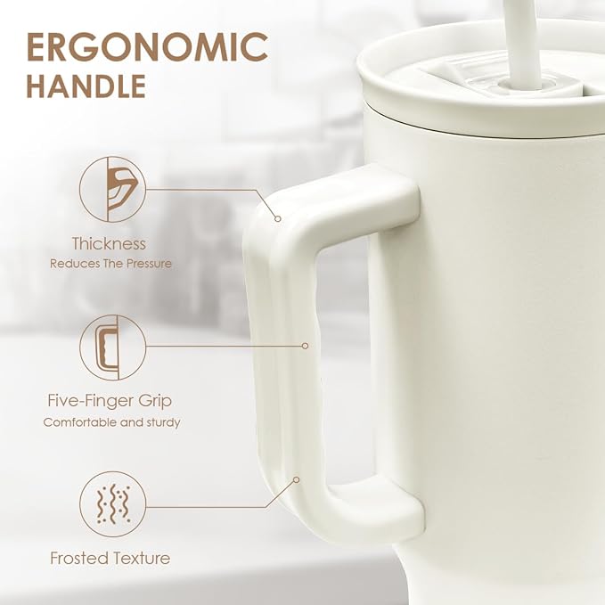 SANDJEST Ivory 40oz Tumbler with Handle and Straw, Insulated Stainless Steel Travel Coffee Mug for Women Girls, Gift Idea for Birthday Christmas Mothers Day