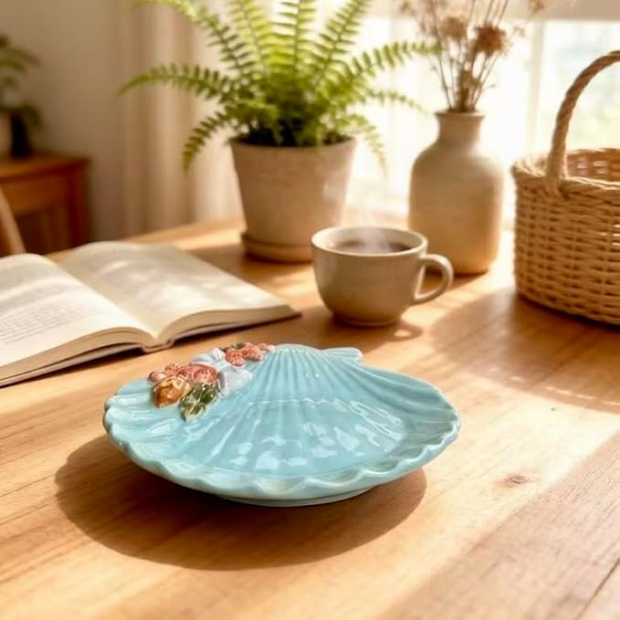 Coastal Seashell Starfish Ceramic Cup and Saucer Set - 3D Hand-Painted Ocean Themed Mug with Seashell-Shaped Saucer, Tableware for Coffee/Tea Lovers