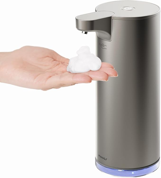 mooas Automatic Foaming Hand Soap Dispenser 2 Set (Ivory & Metal) Stainless Steel Rechargeable 2 Level Adjustable Touchless Soap Dispensers for Kitchen, Bathroom, Commercial 9.4oz Each