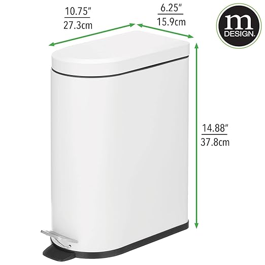 mDesign 10 Liter/2.6 Gallon Stainless Steel Metal Step Trash Can Garbage Bin for Bathroom, Bedroom, Home Office - D-Shape Trashcan with Foot Pedal/Lid, Removable Liner Bucket with Handles, White