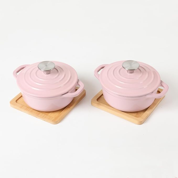 HAWOK Enameled Cast Iron Mini Dutch Oven, Dia5.51”, 23oz, with Bamboo Tray, Set of 2, Pink