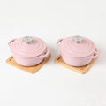 HAWOK Enameled Cast Iron Mini Dutch Oven, Dia5.51”, 23oz, with Bamboo Tray, Set of 2, Pink