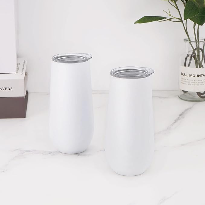 Lifecapido 2 Pack Insulated Stainless Steel Tumblers, 12oz Stemless Flutes, Insulated Champagne Glass for Birthday Party Wedding Christmas (White)