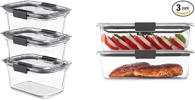 Rubbermaid Brilliance Glass Storage 4.7-Cup Food Containers with Lids, Clear (Pack of 3) & Leak-Proof Brilliance Food Storage Set | 9.6 Cup Plastic Containers