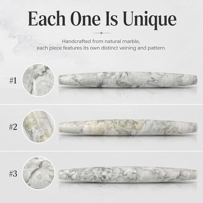Marble French Rolling Pin, Non-Stick Polished Dough Roller, Pasta, Dumpling, 15 inch Kitchen Baking Tool for Baking with Wooden Resting Base(Bianco Palomino)