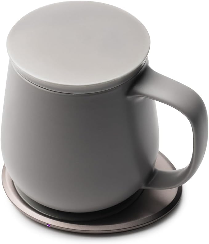 OHOM Ui+ Self-Heating Mug Set – Soft Gray | 18 fl oz / 532 mL Ceramic Coffee & Tea Mug Set with Heating Pad