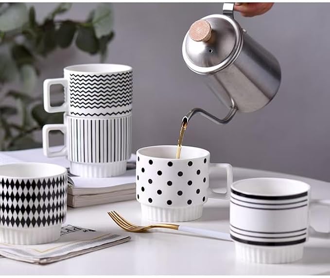 Stackable Coffee Mugs Set of 4, Simple Geometric Patterns Coffee Mug, 12oz Tea Cup Set, Espresso Cups, Stacked Mug Set for Household Party Housewarming Gift