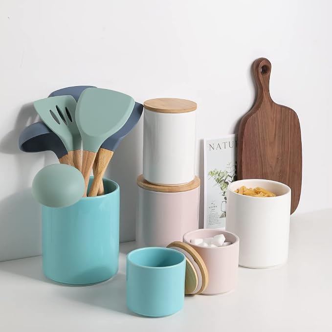 Sweejar Kitchen Canisters Ceramic Food Storage Jar Set, Stackable Containers with Airtight Seal Wooden Lid for Serving Ground Coffee, Tea, Herbs, Grains, Sugar, Salt - Set of 4 (Jade)
