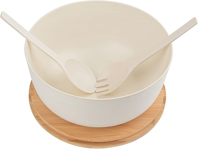 LOVYANXUE Bamboo Fiber Salad Bowl with Servers Set Large 9.8inches Nature Bamboo Mixing Bowl with Servers with Lid Spoon and Fork for Fruits,Salads and Vegetables