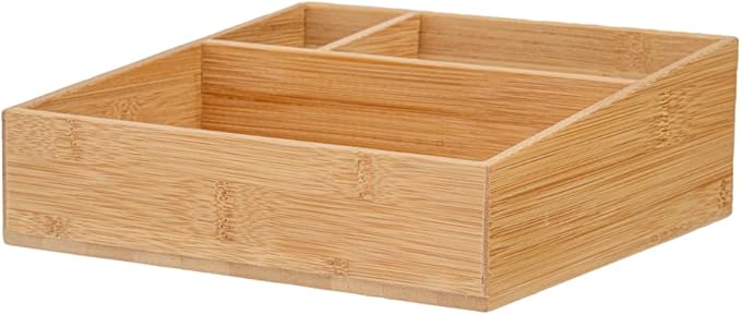 Restaurantware-8.3 x 8.3 x 2 Inch Coffee Condiment Organizer, 1 Square Creamer Organizer - 3 Compartments, Break-Resistant, Bamboo Coffee Accessory Caddy, Won't Chip, For Sugar Packets And Creamers