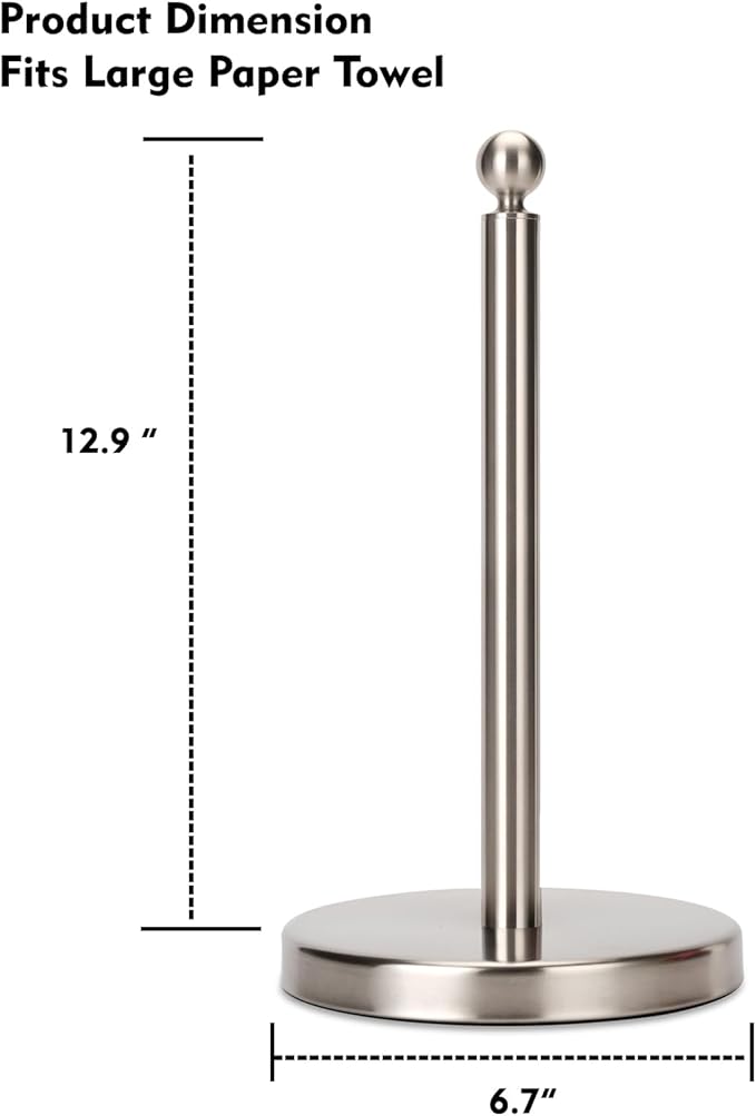 Kalitro Paper Towel Holder Countertop, Standing Paper Towel Roll Holder for Kitchen Bathroom, with Weighted Base for One-Handed Operation (Stainless Steel Base, Brushed Nickel)