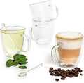 Moss & Stone Set of 4 Double Wall Glass Cup Clear Mug, Double Walled Coffee Mugs 7.4 Oz, Glass Tea Mugs, Insulated Coffee Mug With Handle & 2 Glass Spoons, Cappuccino Cups Set