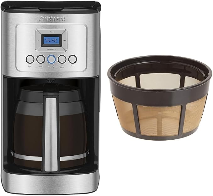 Cuisinart Coffee Maker, 14-Cup Glass Carafe, Fully Automatic for Brew Strength Control & 1-4 Cup Setting, Stainless Steel, DCC-3200P1 & GTF-B Gold Tone Coffee Filter, Basket, Burr Mill