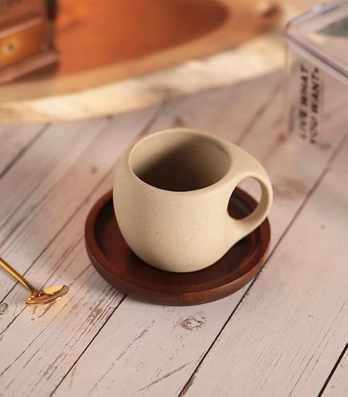 1pcs-Ceramic Coffee Cup Sets (250ML, 7*9.8*7.5cm), Japanese Style Hot Tea Cup, Coarse Earthenware Latte Cup, Includes Cup Saucer and Spoon, Suitable for Home, Restaurant, Tea Party, etc.