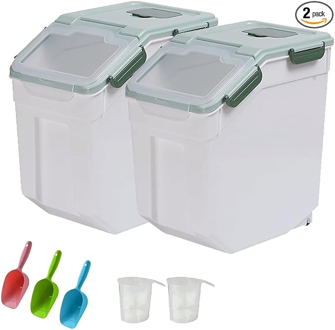 25LB Large Flour Storage Container Bin ,2 Pack Airtight Plastic with Wheels Seal Locking Lid Dispenser Organizer Storage Bin with Measuring Cup & Scoop for Flour, Rice, Grain 50LBS Total