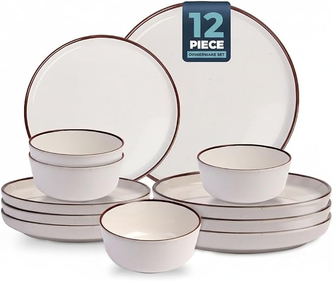 12 Piece Melamine Dinnerware Sets for 4, White Base with Speckles,Modern Plates and Bowls Sets, Lightweight Shatterproof Durable Dishware for Camping Picnic Party(White with Dark Brown Rim)
