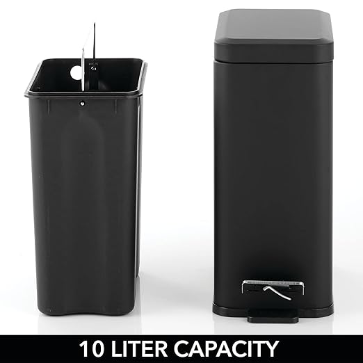 mDesign Pedal Bin — Waste Bin with Pedal, Lid and Plastic Bucket Insert for Bathroom, Kitchen, and Office — Metal Household Rubbish Bin with Ergonomic Design — Black