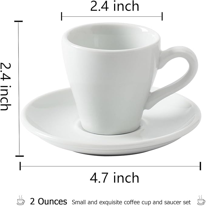 Espresso Cups Set of 6, White Espresso Cups and Saucers, 2.8 oz Ceramic Demitasse Cups for Espresso,Latte,Tea Bag