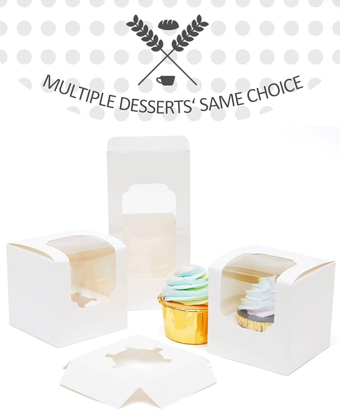 qiqee Cupcake Boxes 200-Packs Individual Cupcake Container White 3.5" x 3.5" x 3.5" Single Auto-pop up Cupcake Boxes