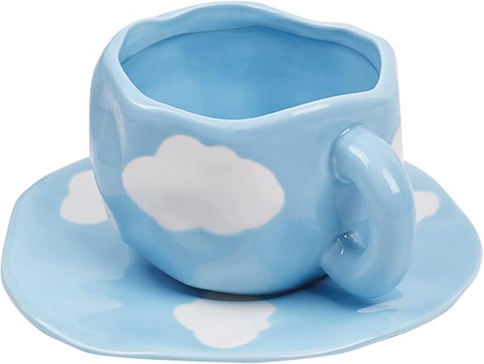 Koythin Ceramic Coffee Mug with Saucer Set, Cute Cloud Coffee Mug and Cup for Office and Home, Blue Sky and White Clouds Cups, 10 oz/300 ml for Latte Tea Milk
