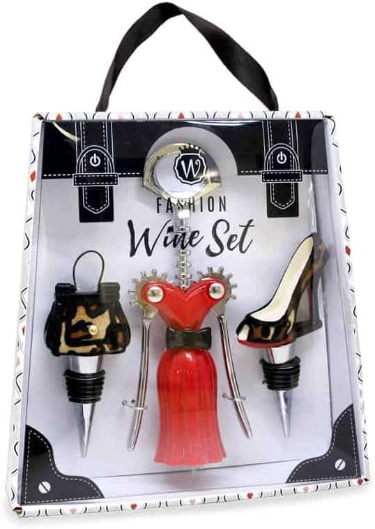 Fashion Wine Set - 3pcs. Winged Corkscrew, High Heel and Purse Stoppers. Leopard Gift Set