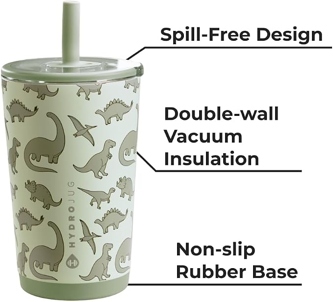 HydroJug Everyday Tumbler 14 oz, Ceramic-Lined Straw Cup, Dinosaur