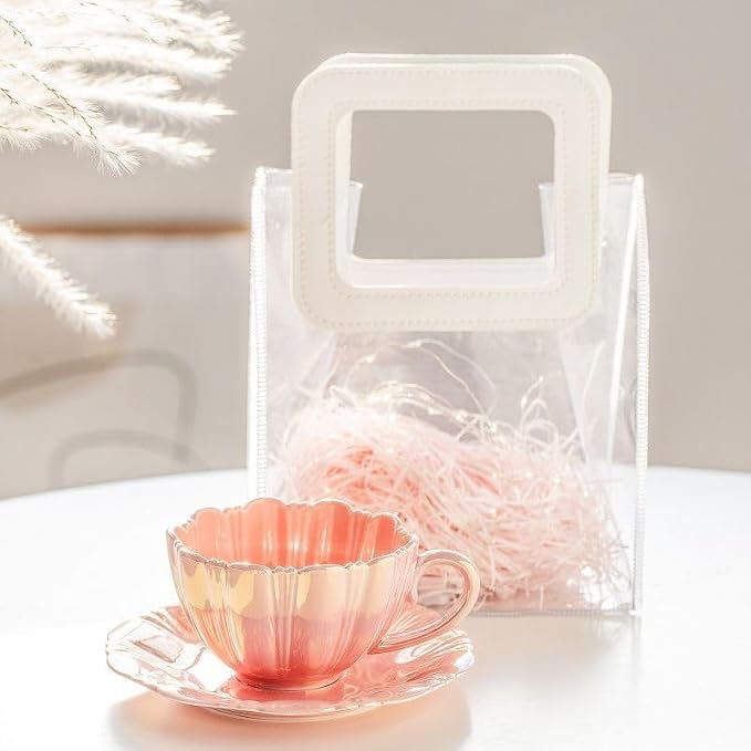Pearl Shell Ceramic Coffee Mug with Shell Coaster Set for Tea Latte Milk Cute Cup with Saucer for Home Office Women Gift 6.5 oz (petal pink, 240 ml)