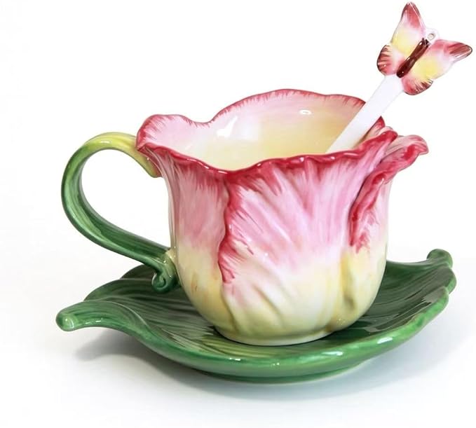 Ceramic Tea Cup and Saucer Set ，6OZ 3D Hand-Painted Flower Coffee Mug，Gift for Women -Pink Tulip