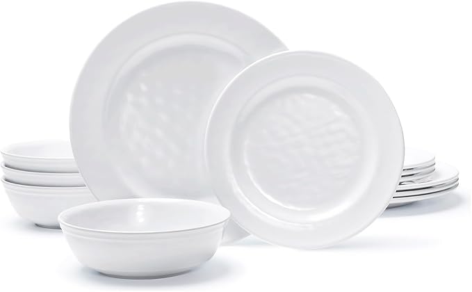 TP 12-Piece Melamine Dinnerware Sets, Plates and Bowls Dishes Set for 4, Break-Resistant & Non-Microwavable, Lightweight Dinner Plates, White