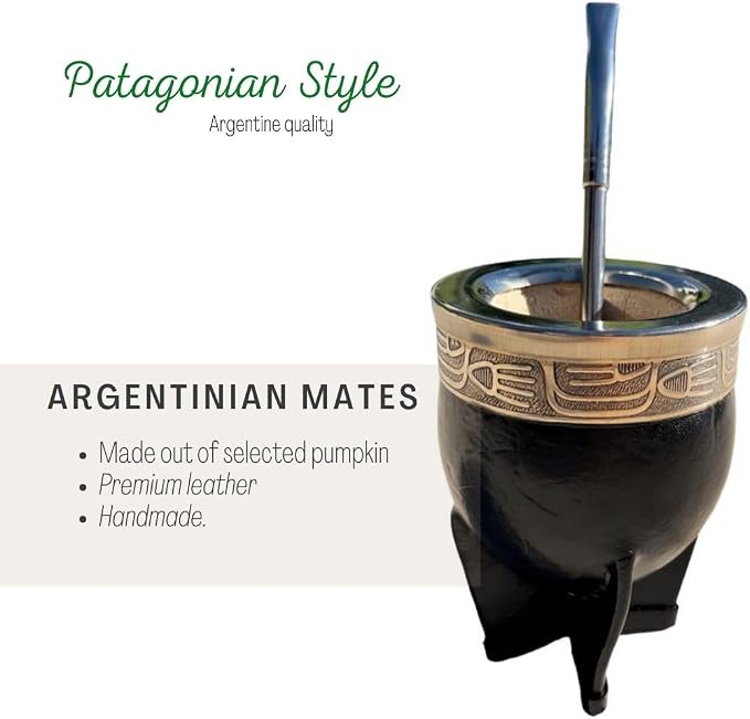 Mate Imperial Argentino, With Straw Tea Gourd Mug One Bombilla Mate (Straw), Wrapped Handmade Leather, Includes Premium Packaging(black)
