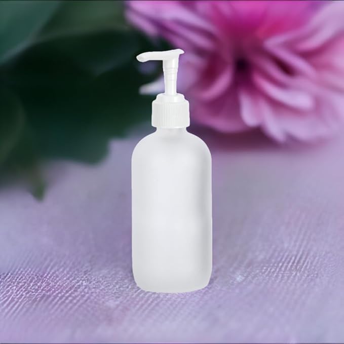 JUVITUS 8 oz Frosted Clear Glass Boston Round Bottle with White Lotion Pump (12 Pack)