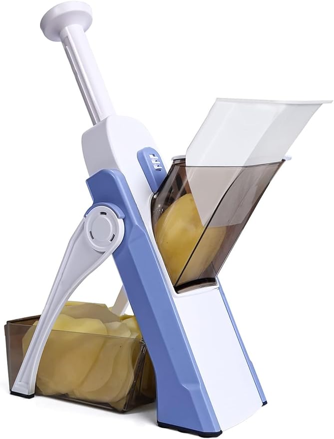 Adjustable Mandoline Slicer & Vegetable Chopper - Professional Kitchen Food Slicer, Multifunctional Potato Cutter, French Fry & Salad Chopper with 5 Blades (Blue)