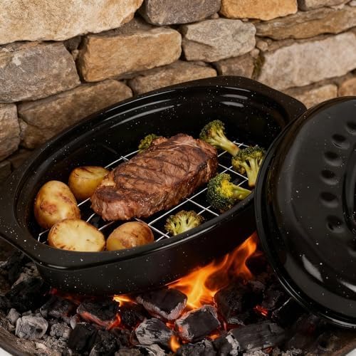16 Inch Enamel Roasting Pan with Lid & Rack, Oven & Dishwasher Safe Turkey Roaster, 932°F Heat Resistant, Includes Silicone Handles & Cleaning Sponges