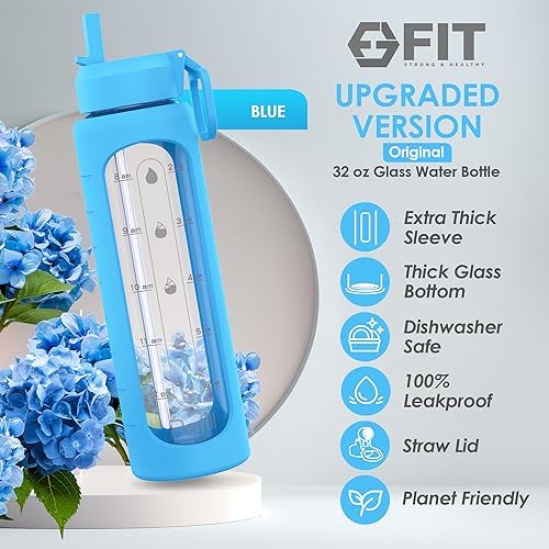 FIT Strong & Healthy 2 & 3 Compartment Glass Meal Prep Containers (4 Pack, 32 oz) and 32 oz Glass Water Bottle with Straw Lid, Time Marker, Sleeve & Extra Lid Bundle