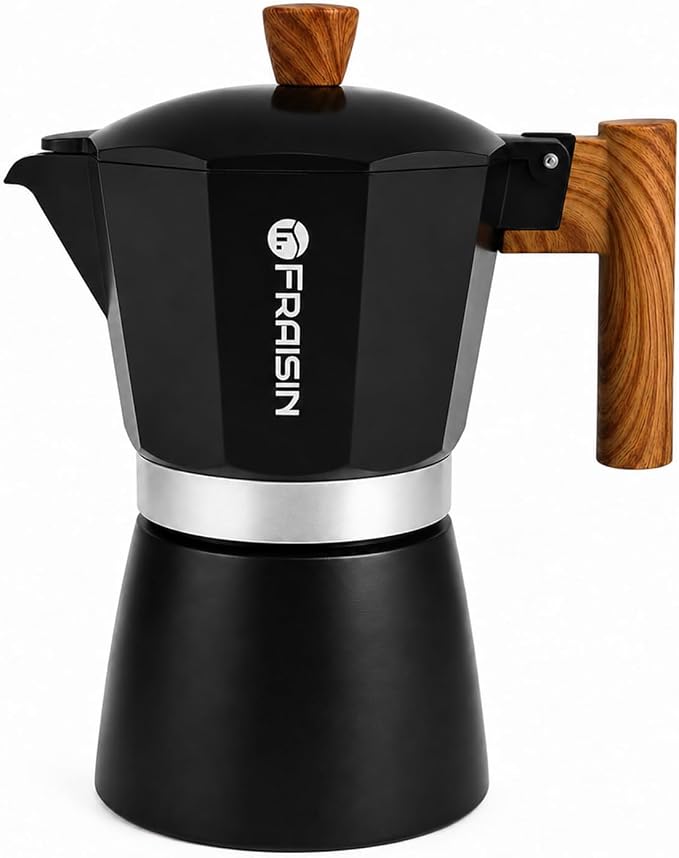 Stovetop Espresso Moka Pot Coffee Maker, Non-slip Wood Grain Handle, Cast Aluminum, Compatible with Gas, and Electric Stoves (Black, 9 cups)