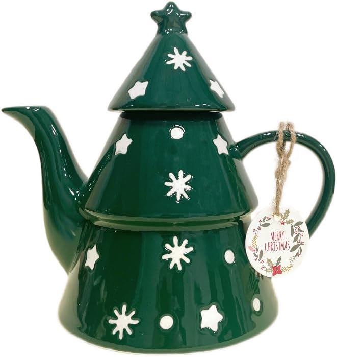 Domini Christmas Tree 28oz Teapot- Earthenware, Festive Holiday Serveware, Brewing Warm Winter Drinks - Beautiful Addition To Your Festive Table