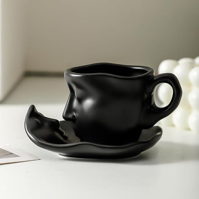 Human Face Ceramic Coffee Mug, 8.8oz/260ml Kissing Coffee Cup with Saucer Coffee Spoon, Tea Cup Milk Latte Espresso Cappuccino Juice Beverage Iced Tea Water Cups Drinkware (Black)