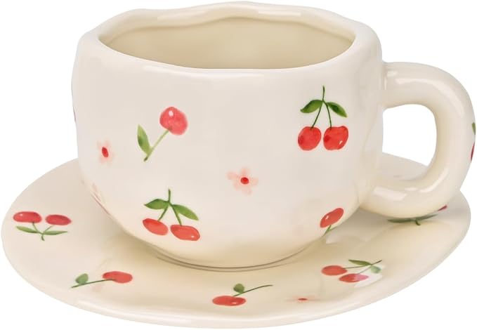 Koythin Ceramic Coffee Mug with Saucer Set, Creative Cute Cherry Cup Unique Irregular Design for Office and Home, 10 oz/300 ml for Latte Tea Milk