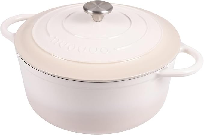 Nuovva Enamelled Cast Iron Dutch Oven Pot with Lid 6.4 Quart Non Stick Casserole Pot-Heavy Duty & Oven Safe up to 500° F for Bread Baking, Braising, Stews, Roasting - 28cm Oyster