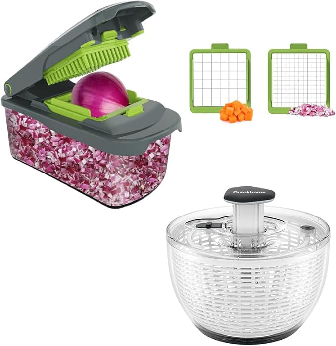 Ourokhome Vegetable Chopper Onion Cutter with Container Multifunctional Food Chopper with 2 Blades, Salad Spinner Lettuce Dryer, One-handed Easy Press Large Vegetable Dryer Salad Mixer